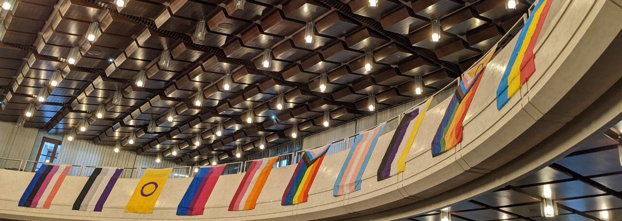 Pride flags in Würzburg's general assembly hall during pride month